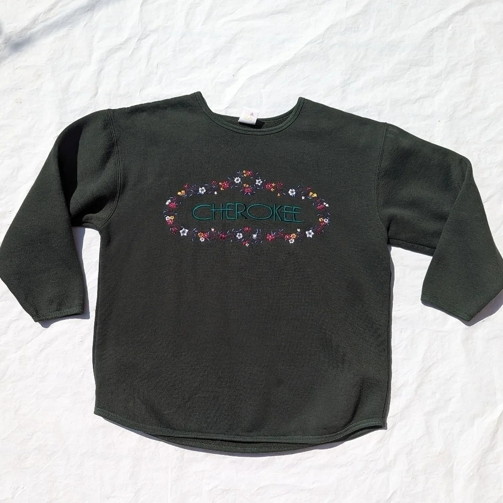 Vintage Cherokee Green Crew Sweatshirt with Logo  & Floral Design- Woman Medium